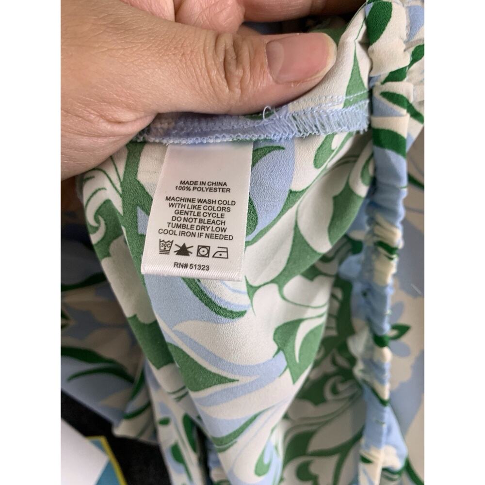 CeCe Ruffle Sleeve Blouse L Damask Blue Green Off Shoulder Smocked Waist Top New - Picture 8 of 10